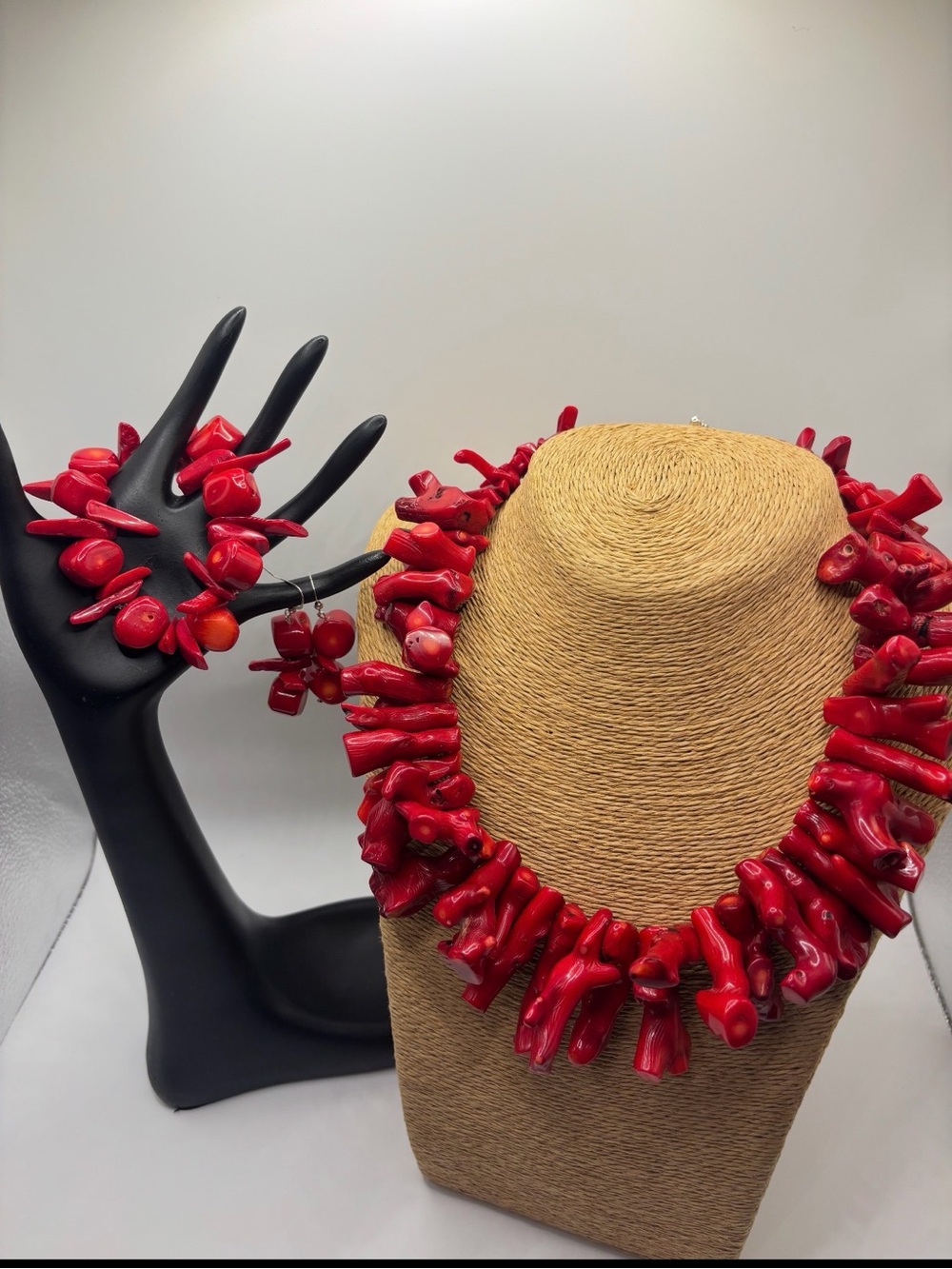 Red Coral Chunk Necklace and Bracelet Set